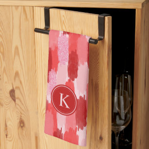 Red Pink Abstract Brushstrokes Pattern Monogram Tea Towel