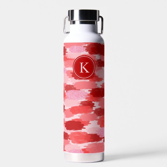 Red Pink Abstract Brushstrokes Pattern Monogram Water Bottle (Front)