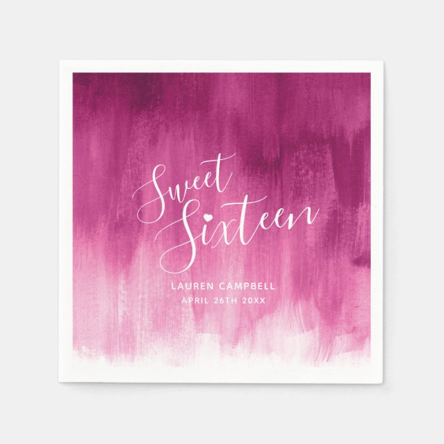 Red pink abstract modern art sweet 16 birthday napkin (Front)