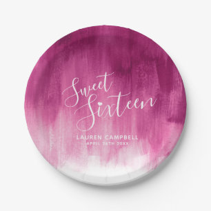 Red pink abstract modern art sweet 16 birthday paper plate