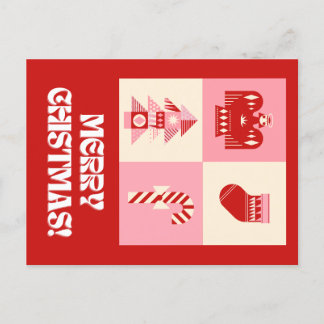 Red Pink and Beige Retro Geometric Greeting Merry Holiday Postcard