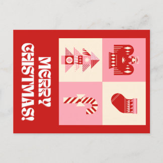 Red Pink and Beige Retro Geometric Greeting Merry Holiday Postcard
