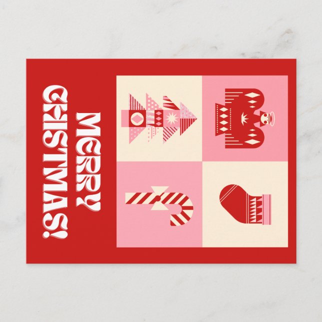 Red Pink and Beige Retro Geometric Greeting Merry  Holiday Postcard (Front)