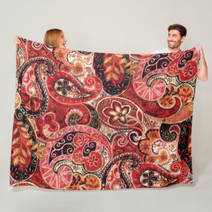 Red, Pink and Black Vintage Paisley Floral Fleece Blanket