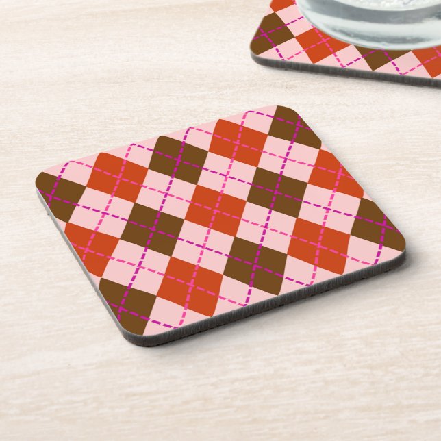 Red Pink and Brown Argyle Pattern Coaster (Left Side)