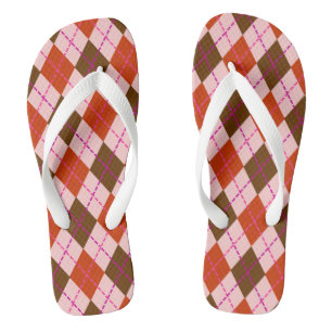 Red Pink and Brown Argyle Pattern Flip Flops