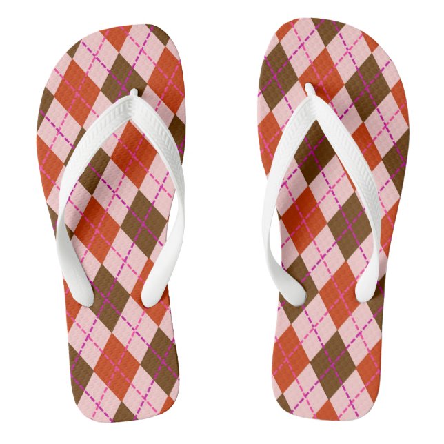 Red Pink and Brown Argyle Pattern Flip Flops (Footbed)