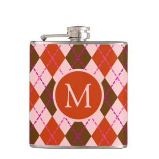 Red Pink and Brown Argyle Pattern Monogram Hip Flask