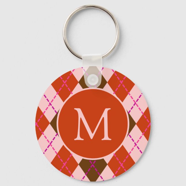 Red Pink and Brown Argyle Pattern Monogram Key Ring (Front)