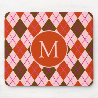 Red Pink and Brown Argyle Pattern Monogram Mouse Mat