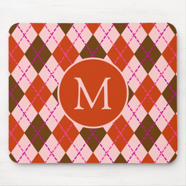 Red Pink and Brown Argyle Pattern Monogram Mouse Mat (Front)