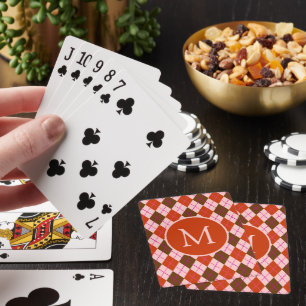 Red Pink and Brown Argyle Pattern Monogram Playing Cards