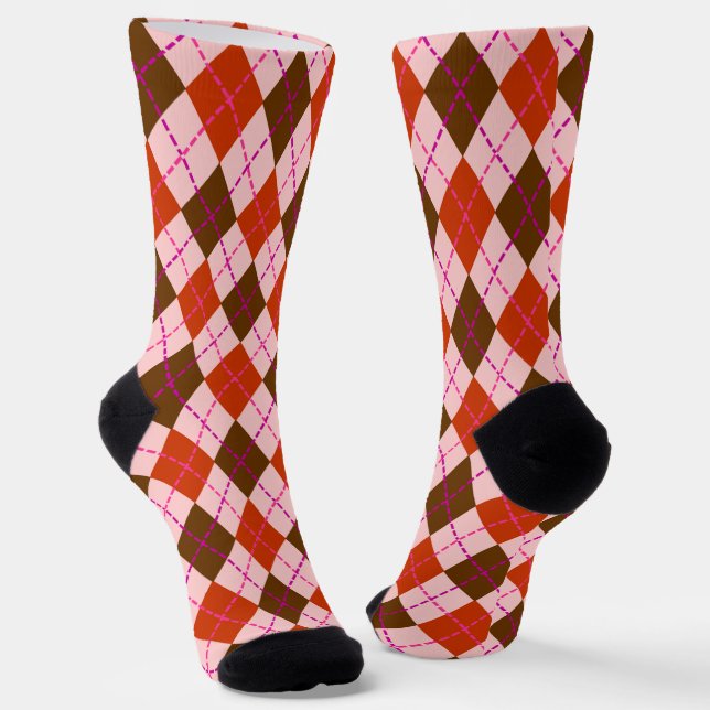 Red Pink and Brown Argyle Pattern Socks (Angled)