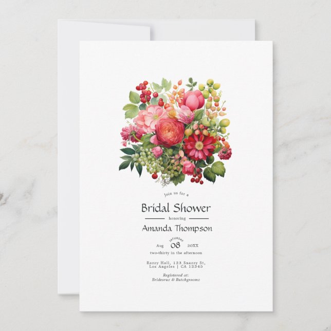 Red, Pink, and Green Floral Bridal Shower Invitation (Front)