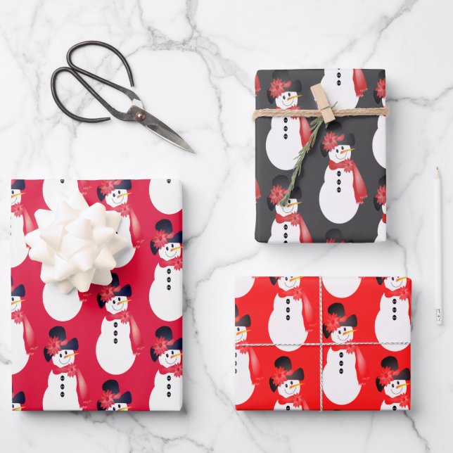 Red Pink and Grey Snowman Wrapping Paper Sheet (Front)