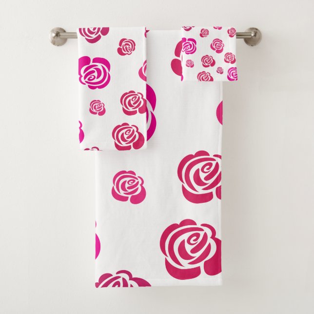 Red Pink and Magenta Roses in a Flowery Pattern Bath Towel Set (Insitu)