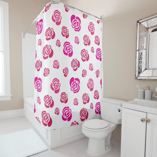 Red Pink and Magenta Roses in a Flowery Pattern Shower Curtain (In Situ)