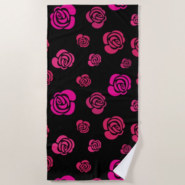 Red Pink and Magenta Roses on Black Background Beach Towel (Front)