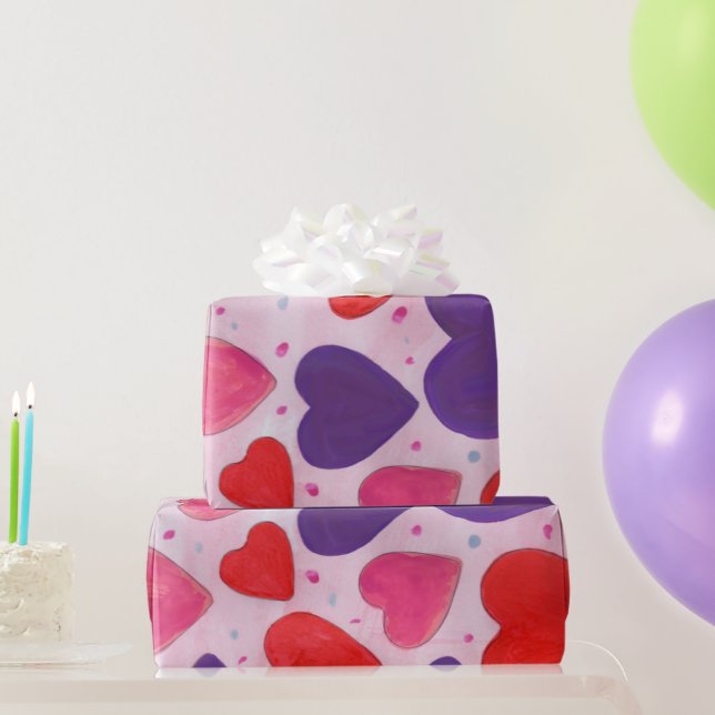 Red Pink and Purple Valentines Day Hearts Pattern Wrapping Paper (Party Gifts)