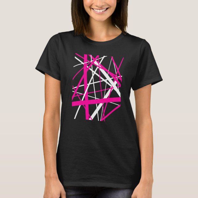 Red Pink and White Geometric Strips Cut Out Patter T-Shirt (Front)