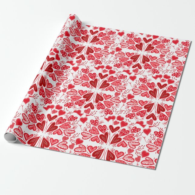 Red, Pink and White Hearts Valentine Gift Wrapping Paper (Unrolled)