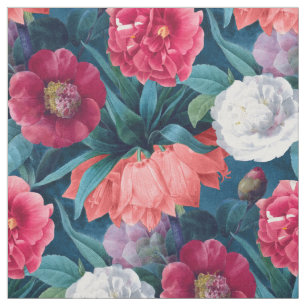 Red, Pink and White Peony and Lily Flowers Fabric