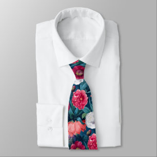 Red, Pink and White Peony and Lily Flowers Tie