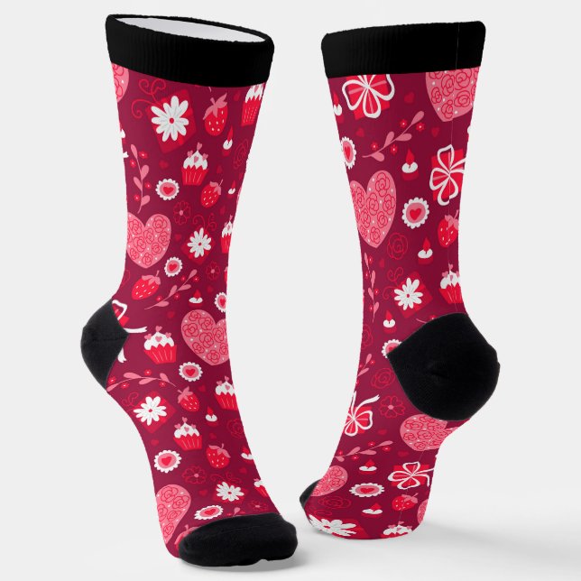 Red pink and white Valentines hearts pattern Socks (Angled)