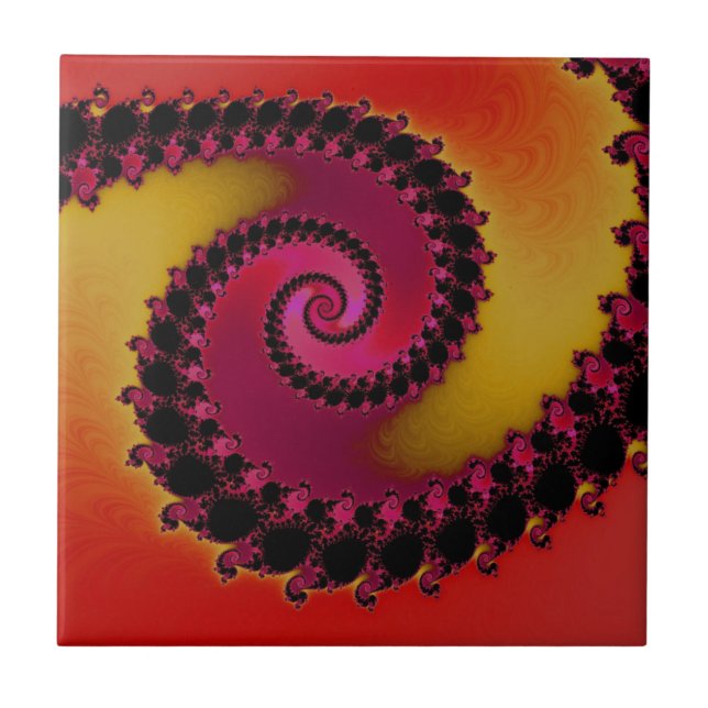 Red Pink and Yellow Sunrise Spiral Fractal  Tile (Front)