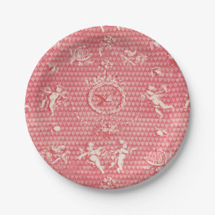 Red Pink Antique Cupid Angels and Hearts Paper Plate