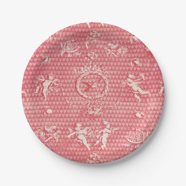 Red Pink Antique Cupid Angels and Hearts Paper Plate (Front)