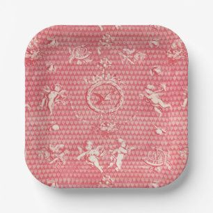 Red Pink Antique Cupid Angels and Hearts Paper Plate