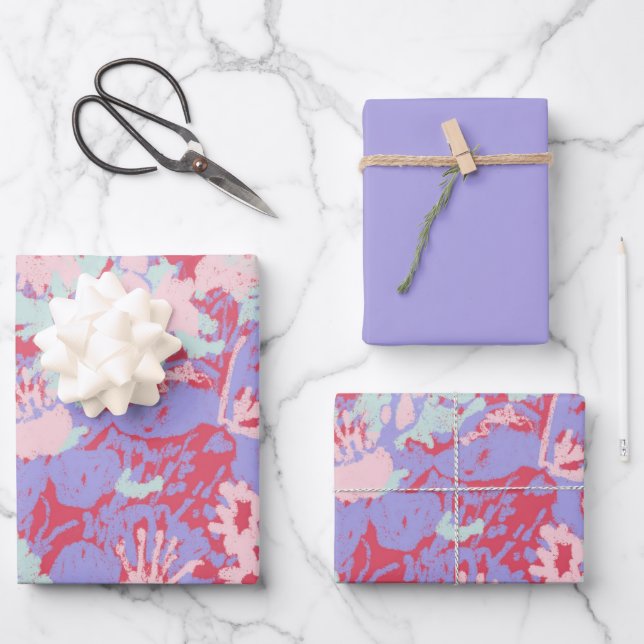 Red Pink Aqua Painted Flowers Solid Violet Design Wrapping Paper Sheet (Front)