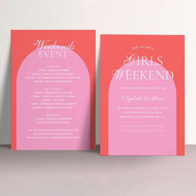 Red Pink Arch Girls Weekend Bachelorette Party Invitation (Creator Uploaded)
