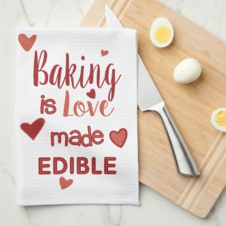 Red & Pink Baking Is Love Made Edible With Hearts  Tea Towel