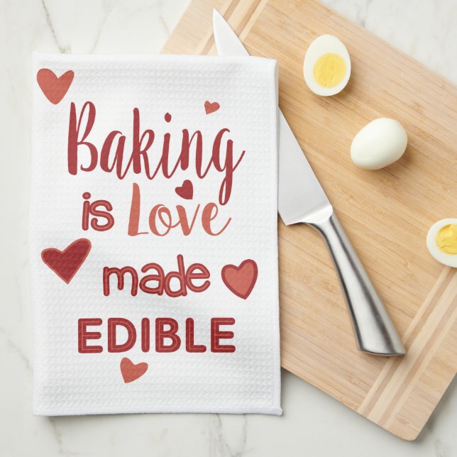 Red & Pink Baking Is Love Made Edible With Hearts  Tea Towel (Quarter Fold)