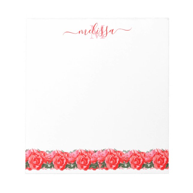 Red Pink Bed Of Roses Monogram Notepad (Front)