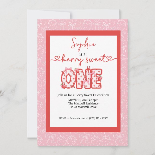 Red & Pink Berry Sweet One Girl 1st Birthday Party Invitation (Front)
