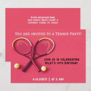 Red Pink Birthday Party Rackets and Balls Tennis Invitation