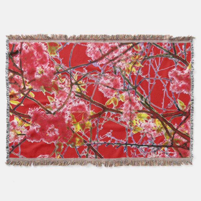 Red pink black abstract floral design throw blanket (Front)