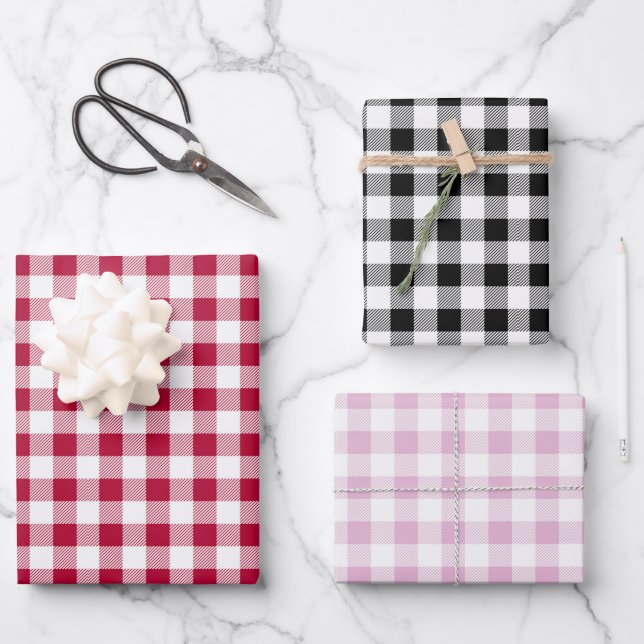 Red Pink Black Buffalo Plaid Seamless Chequered Wrapping Paper Sheet (Front)