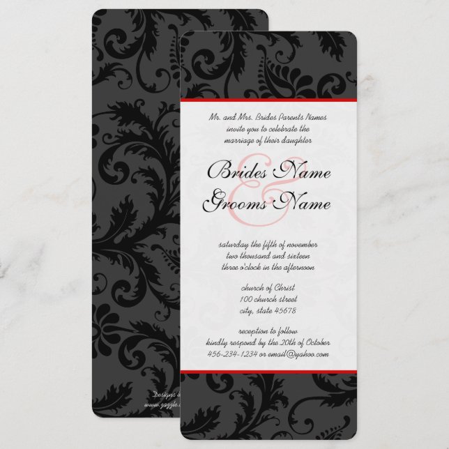Red Pink & Black Floral Damask Wedding Invitations (Front/Back)