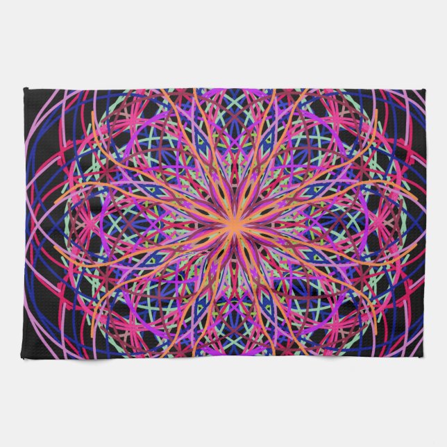 Red Pink Black Kaleidoscope Mandala Art Tea Towel (Horizontal)
