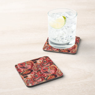 Red, Pink & Black Vintage Paisley Floral Plastic Coaster