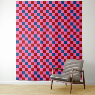 Red Pink Blue Chequered Pattern Design Tapestry