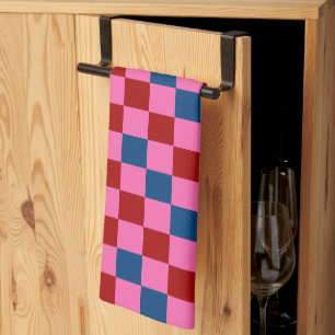 Red Pink Blue Chequered Pattern Design  Tea Towel
