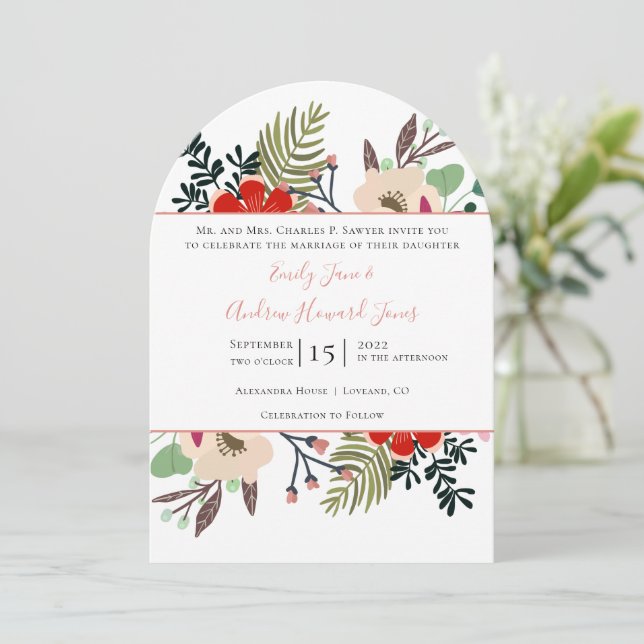 Red Pink Blue Green Floral Ferns Typography Invitation (Standing Front)