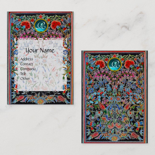 RED PINK BLUE ORIENTAL FLOWERS DAMASK MONOGRAM BUSINESS CARD (Front/Back)