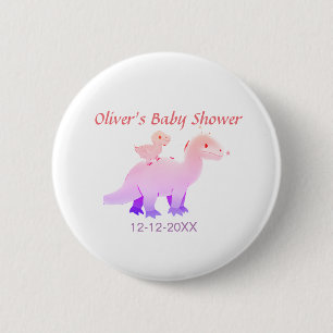 Red pink blue purple dinosaur baby shower add date 6 cm round badge