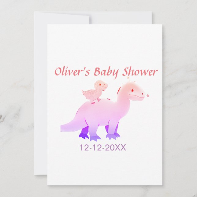 Red pink blue purple dinosaur baby shower add date invitation (Front)
